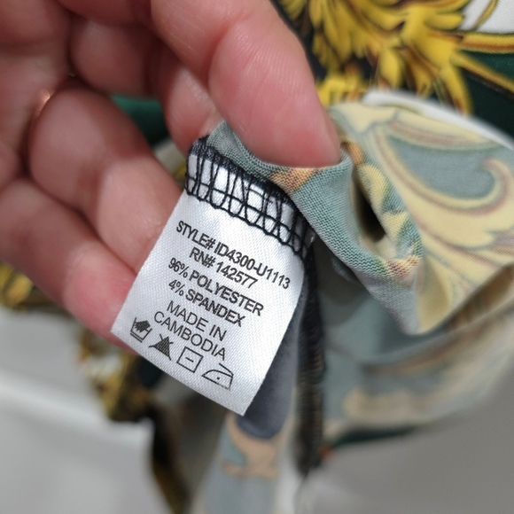 IRIS Long Sleeve Square Neck Bodycon Mini Dress in Green with Gold Filagree, S - Picture 7 of 15